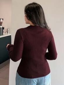 Dazy Plus Valentine Plus Size Solid Color V-Neck Elastic Bodycon Long Sleeve Wine Red Sweater Fall - Burgundy - View 2