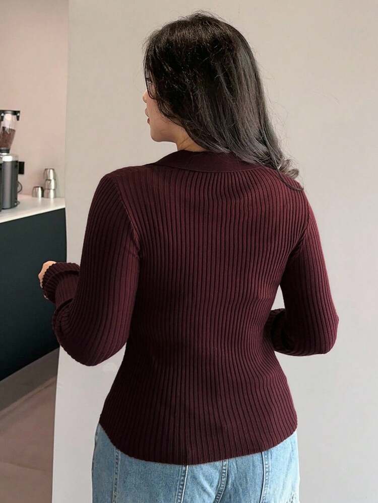 Dazy Plus Valentine Plus Size Solid Color V-Neck Elastic Bodycon Long Sleeve Wine Red Sweater Fall