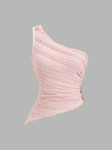 Sweetra 女士春夏新款适合海滩度假纹理面料不对称露肩设计杏色金属纽扣装饰衬衫 - 粉色 - 查看 3