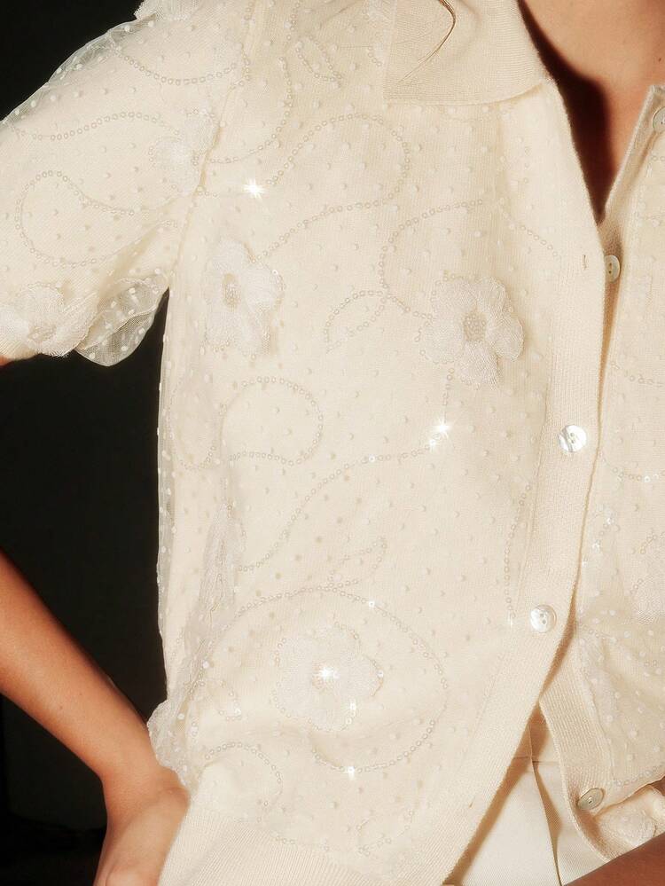 Women's Summer Elegant Glitter Floral Splice Mesh Puff Sleeve Turndown Collar Cardigan