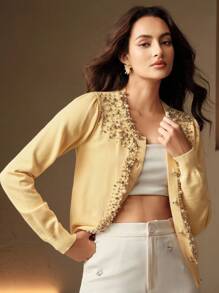 Anewsta Embellished Elegant High-Quality Beaded Yellow Cardigan - Beige - View 6