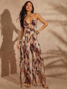 Hauture Women's Sexy Summer Vacation Full Print Layered Ruffle Trim Cross Backless Loose Wide Leg Jumpsuit
