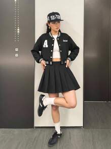SHEIN Teens Girls Casual Letter Print Crop Baseball Jacket & A-Line Skirt 2-Piece Set, Comfortable & Simple - Black - View 1