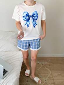 2pcs Teen Girls Cartoon Bowknot Print Plaid Short Sleeve Top & Shorts Colorblock Ruffle Trim Comfortable Casual Summer Pajamas Set - Blue and White - View 2