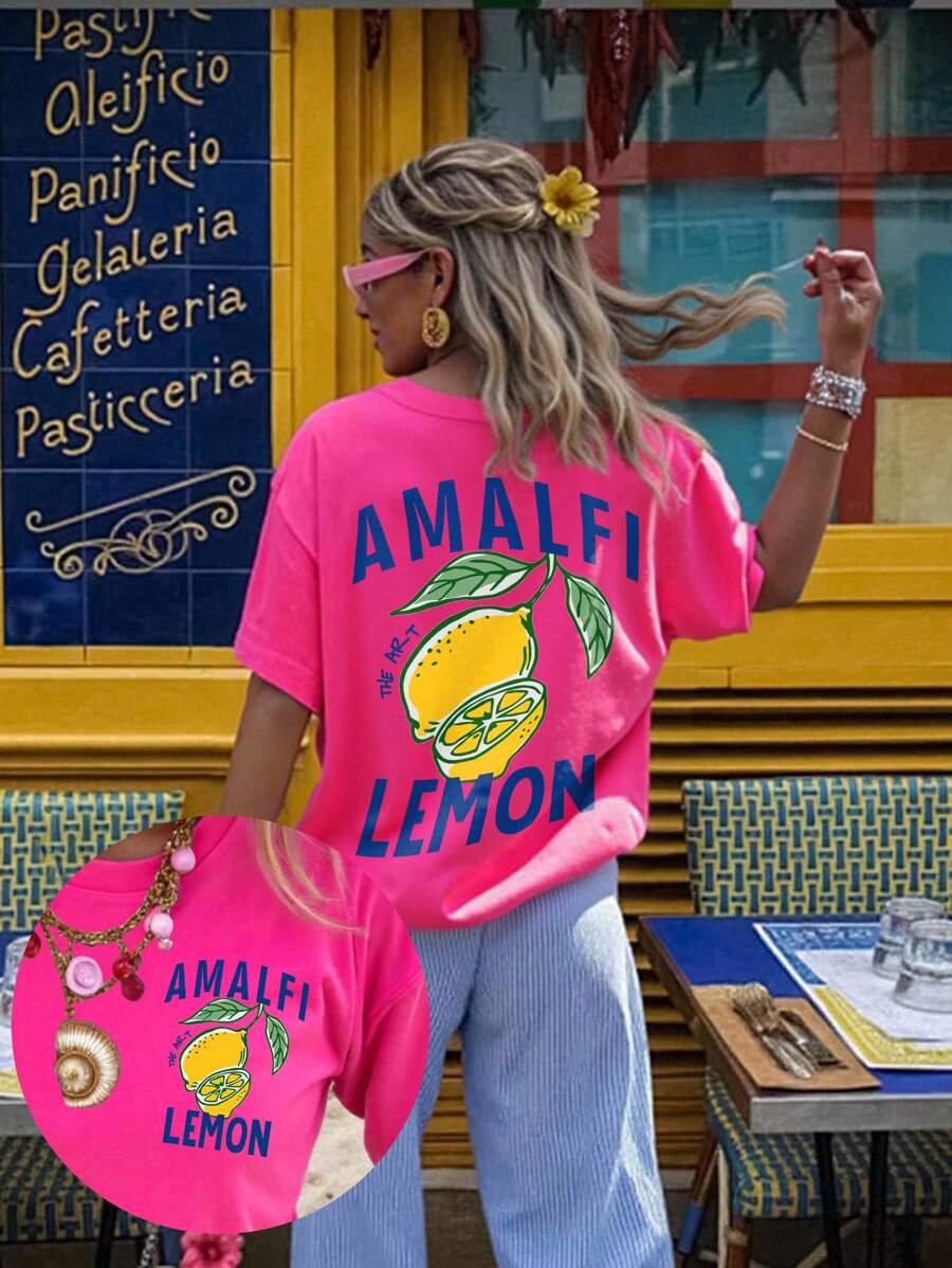 SHEIN LUNE 大码女式字母和柠檬印花宽松圆领蝙蝠袖 T 恤，休闲夏季 - 玫紅色 - 查看 1
