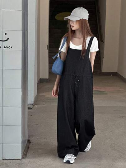 Dazy Kids 少女抽绳腰口袋阔腿宽松休闲牛仔连体裤