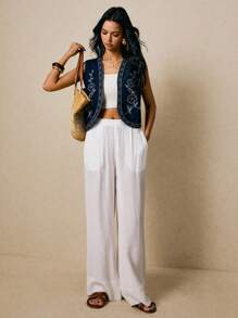 Poéselle 女式牛仔上衣无袖碎花刺绣背心深蓝色牛仔背心秋季法式休闲度假休闲外出上衣可爱上衣Y2k上衣度假女乡村音乐会 - 深色水洗藍 - 查看 5