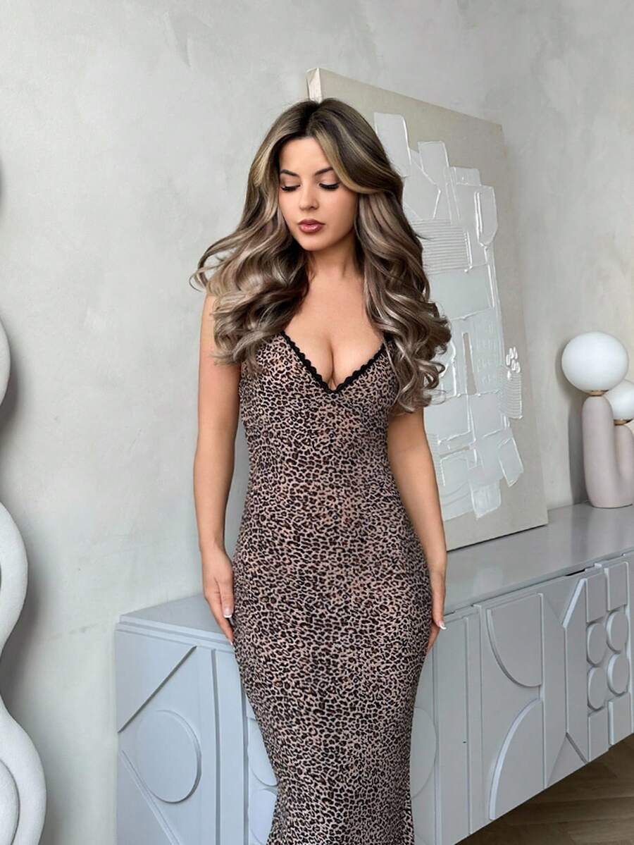 Jemour Sexy Leopard Print Lace Trim Neckline Mermaid Bodycon Cami Long Dress - Multicolor - View 1