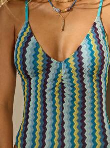 Aralina Boho Festival Zigzag Pattern Ruche Front One Piece Swimsuit With Swim Bag For Summer Beach Vacation - Blue - View 3