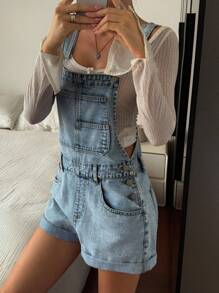 Livesso Women's Casual Distressed Washed Denim Bib Overalls, Autumn - Blue - View 5