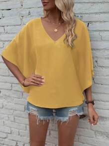 SHEIN LUNE Áo sơ mi nữ tay cánh dơi cổ chữ V rộng rãi thường ngày - Màu vàng - Xem 7