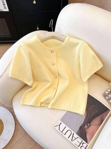 Franclia 女士经典长款优雅简约百搭休闲短袖开衫毛衣，办公室穿着 - 黃色 - 查看 3