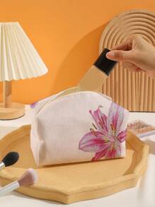 ROMWE Kawaii Pink Base Lily Flower Pattern Octagonal Velvet Cosmetic Bag