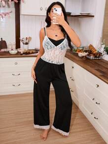 SweetSlumber Women Lace Patchwork Two Pieces Slip Pajamas Set - Black and White - View 3