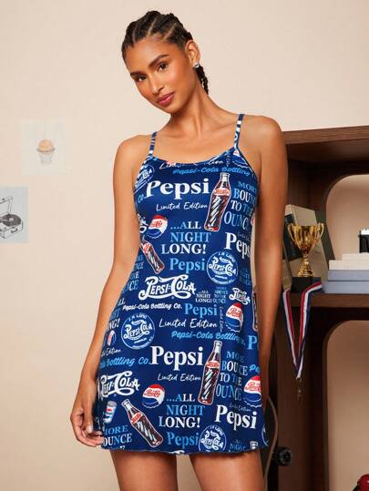 PEPSI X SHEIN 女式字母图案无袖夏季吊带睡袍