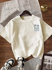 TaskSense Women Letter Print Casual Loose Fit Round Neck Short Sleeve T-Shirt, Summer - Apricot - View 2