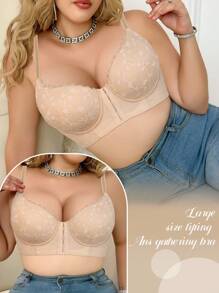 SHEIN Sujetador sin aros sin forro, de talla grande, romántico y sexy, con encaje y parches, con abertura frontal, que brinda soporte y elevación, ajustable para uso diario - Albaricoque - Ver 4
