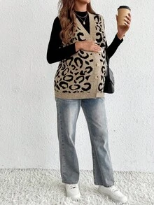 SHEIN 秋装，秋季服装，孕妇装秋季服装孕妇装女士单排扣 V 领豹纹针织背心，秋冬，无袖针织保暖针织上衣，撞色饰边，休闲日常穿着 - 彩色 - 查看 5