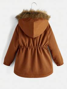 SHEIN Young Boy Casual Drawstring Waist Faux Fur Hooded Padded Parka Coat, Autumn/Winter Fall - Brown - View 2