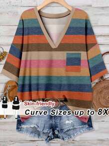 SHEIN CURVE+ Curve 大码/秋装/秋季女装/女冬装/冬装大码女式 V 领撞色条纹宽松休闲短袖 T 恤带口袋，适合夏季 - 彩色 - 查看 8