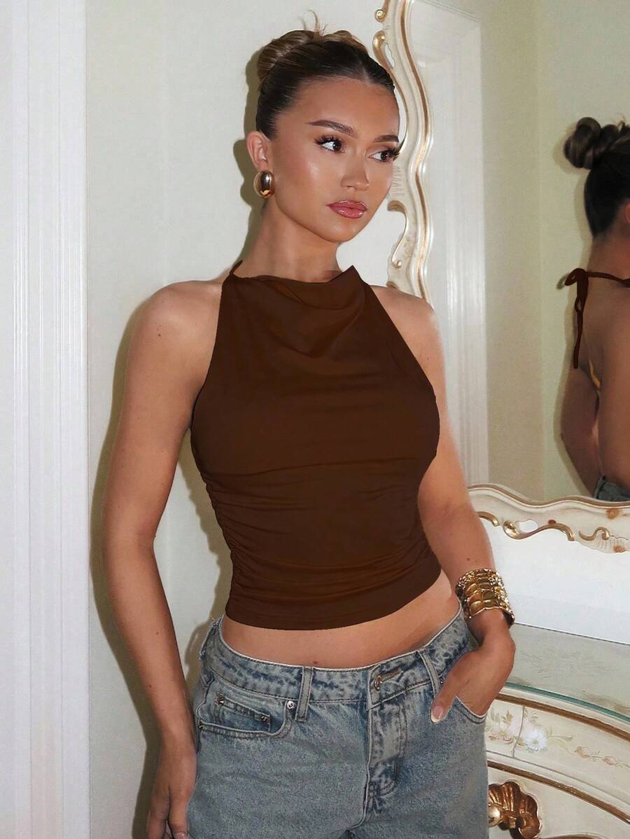 Glamine 1pc Women's Solid Color Ruched Halter Backless Top Fall Women Clothes Back To School Halloween, Christmas - Brown - View 1