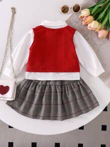 SHEIN 三件套女童优雅时尚套装：白色长袖休闲衬衫、红色针织背心和格子裙，适合上学、上班和秋季穿着。 - 紅色 - 查看 2