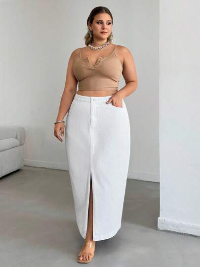 EURMUSE Lång denimkjol med hög midja och slits framtill