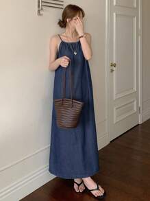 DAZY 女士夏季休闲无袖长款牛仔连衣裤 - 藍色 - 查看 4