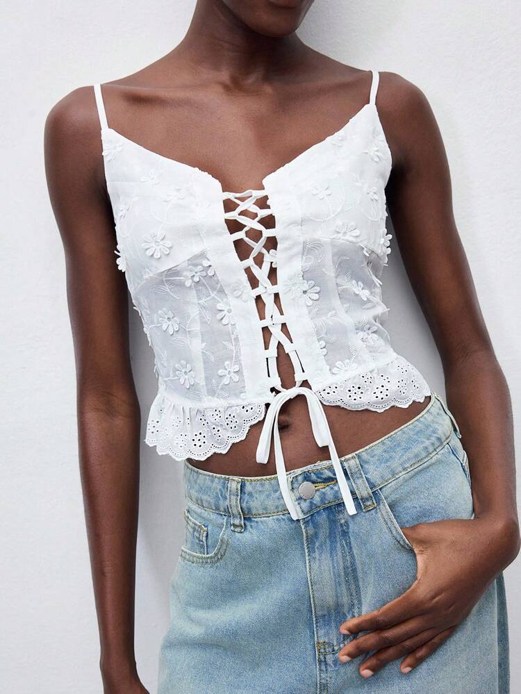 SHEIN Maija 2025 New Spring & Summer Music Festival, Beach Vacation, Open Front, Cross Tie Adjustable Shoulder Straps, Ruffle Hem Sexy Camisole Top, Suitable For Wedding Guest, Brunch, Airport, Daily Parties, Gatherings