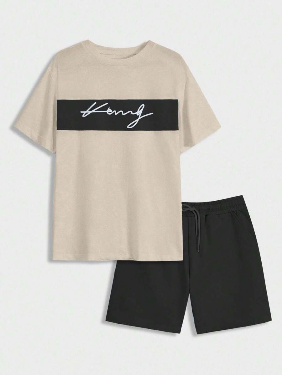 EURMUSE Men's Contrast Color Round Neck Short Sleeve Top And Solid Color Shorts 2 Piece Set - Beige - View 1