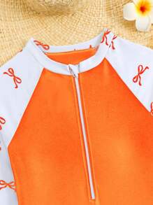 SHEIN Tween Girl Bowknot Print Contrast Color Raglan Long Sleeve One-Piece Swimsuit - Orange - View 3