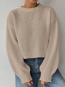 EMERY ROSE Women's Solid Color Simple Casual Crew Neck Long Sleeve Sweater Knit Pullover Fall Winter - Khaki - View 6