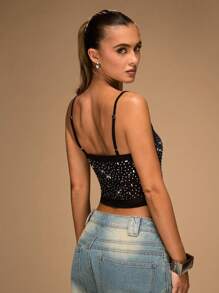 SHEIN BAE 女士休闲时尚水钻装饰性感短款吊带背心 - 黑色 - 查看 2