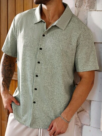 Manfinity Homme 大码男士纯色纽扣前休闲短袖衬衫夏季男士短袖灰色衬衫灰色男士衬衫针织男士衬衫