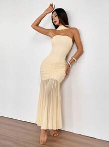 SHEIN PETITE Váy cưới mùa hè Fairycore cho nữ, váy đuôi cá hở vai, lưới đan màu trơn, váy tốt nghiệp màu trắng - Màu be - Xem 1