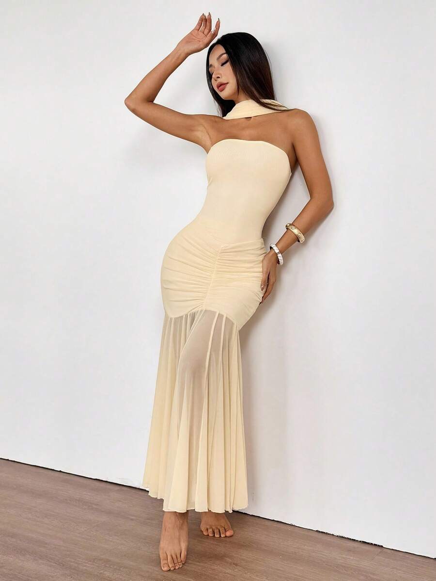 SHEIN PETITE Váy cưới mùa hè Fairycore cho nữ, váy đuôi cá hở vai, lưới đan màu trơn, váy tốt nghiệp màu trắng - Màu be - Xem 1