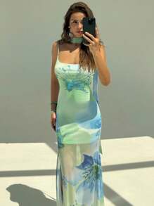 Aloruh Date Night Outfits Women Women's Floral Print Spaghetti Strap Ruffle Hem Maxi Dress With High Slit, Blue Green Color, Suitable For Vacation, Date, Party - Multicolor - View 8