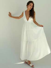 Aloruh 夏季白色度假深 V 领系腰 A 字形荷叶边女式连衣裙 - 白色 - 查看 7