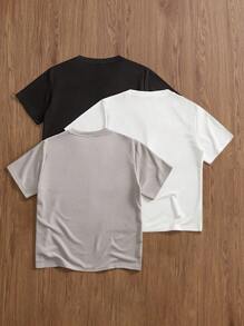 Manfinity VCAY 男士纯色圆领短袖休闲百搭T恤，夏季情侣装 - 黑色 - 查看 2