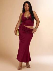 SHEIN BAE Ensemble deux pièces grande taille de femme : top court texturé en maille à fleurs 3D blanc à encolure ras-du-cou et jupe crayon transparente à taille nouée. Tenue de vacances, pour la Saint-Valentin, demoiselle d'honneur, tenue blanche, ensemble de remise des diplômes/rentrée scolaire - Rouge foncé - Voir 4