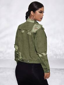 SHEIN SXY Vintage Casual Washed Ripped Denim Jacket - Olive Green - View 2