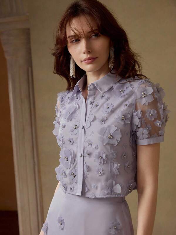 MOTF PREMIUM Blusa elegante con manga abullonada, decoración de flores de rhinestone en malla, apta para fiestas, vacaciones y uso casual