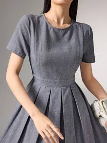 Heiryn 女式简约纯色褶边下摆收腰休闲连衣裙，夏季，不带腰带 - 灰色 - 查看 5