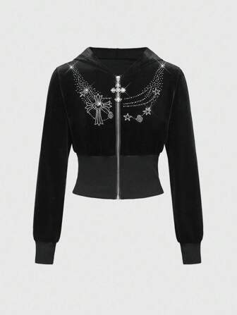 J-Fashion Vintage Rhinestone Velvet English Hoodie Sweatshirt For Plus Size Women