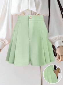 Chiquease 全新女式编织褶皱 A 字型前拉链后松紧腰修身休闲短裤，舒适优雅的日常穿着 - 綠色 - 查看 1