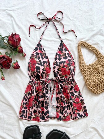 Soleia Top débardeur décontracté dos nu, romantique avec imprimé léopard et floral, pour femmes. Convient pour les vacances, les soirées, les mariages, les festivals de musique, les vacances à la plage