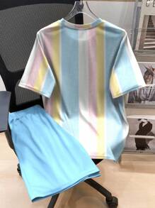 Conjunto informal de 2 piezas para niño preadolescente con estampado de rayas y nombre de ciudad de estilo de vacaciones elegante, adecuado para verano, vacaciones, exterior, deportes