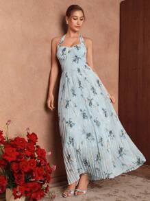 SHEIN Unity 浅蓝色优雅浪漫褶皱胸围设计腰部收紧露肩花卉印花连衣裙，婚礼宾客礼服，仙女裙 - 藍色 - 查看 4