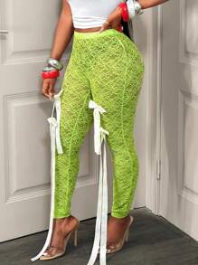 BamGleam Green Bow Decor See-Through Sexy Bodycon Leggings Back To School Fashion Fall Cloth For Women - Green - View 3