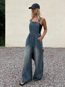DAZY 女式夏季宽松休闲牛仔背带裤 - 藍色 - 查看 7